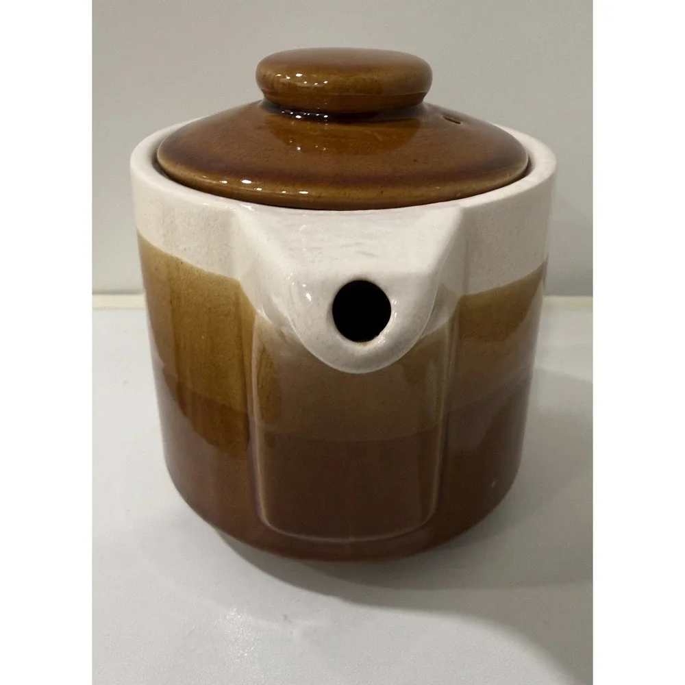 Vintage Pottery Tea Pot Creamer Tan Brown Specked Glaze with Lid Made in Japan